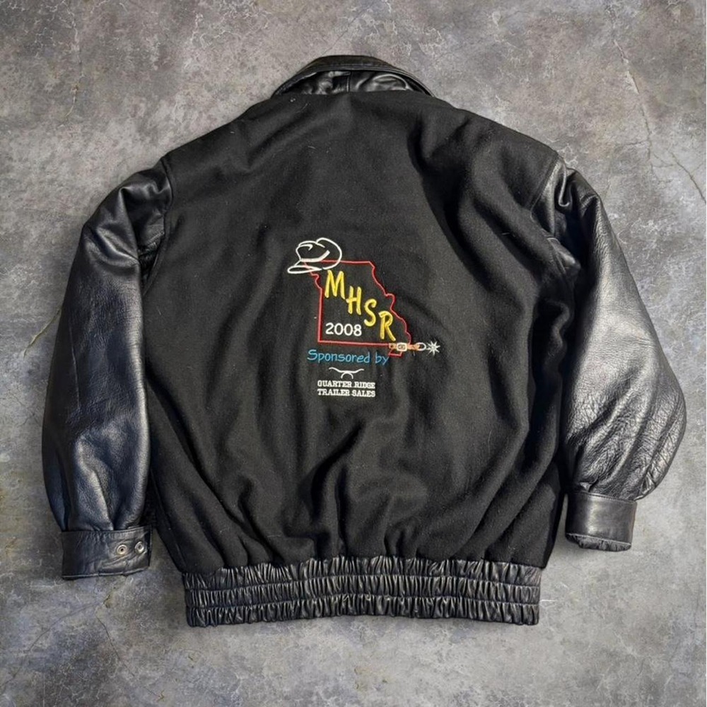 Vintage Cowboy Threads Leather Sleeve Wool Bomber Jacket Western Rodeo Varsity